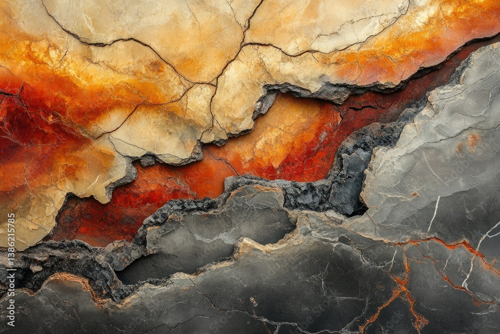 Poster abstract geological formation featuring cracked beige, red, and gray layers revealing interior textu