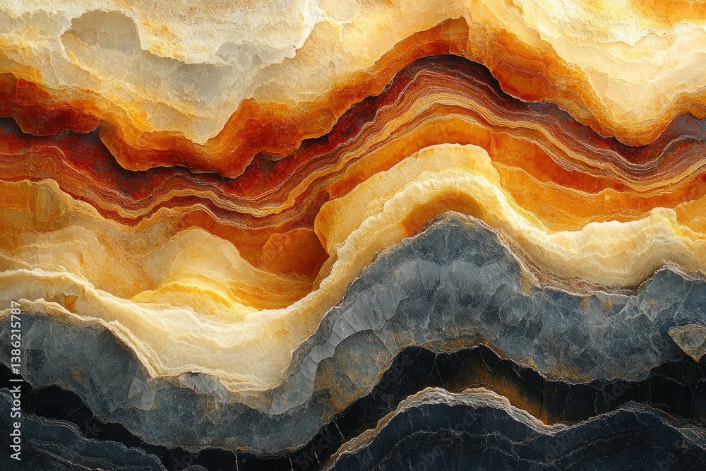 Poster Abstract agate texture with wavy layers of orange, beige, and gray hues, creating a natural and artistic visual pattern.