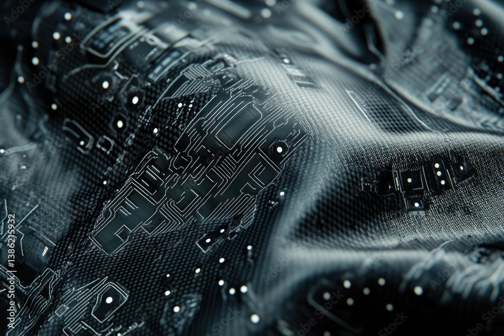 Poster Abstract futuristic background with circuit board patterns on a rippled surface, conveying technology and innovation.