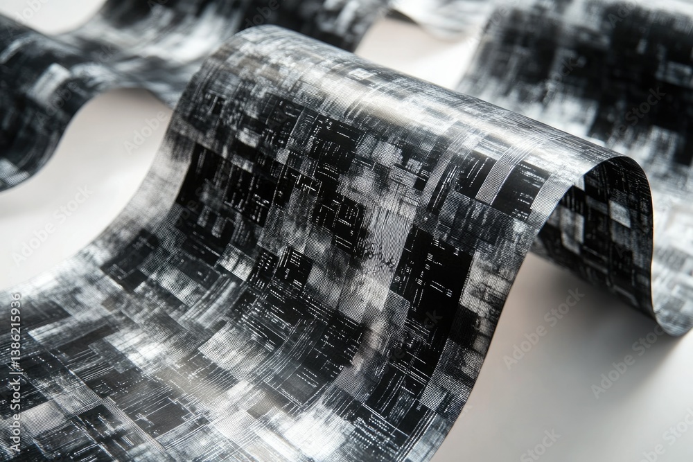 Aufkleber a close-up shows curved sheets of material with a black and white abstract pattern, possibly carbon 