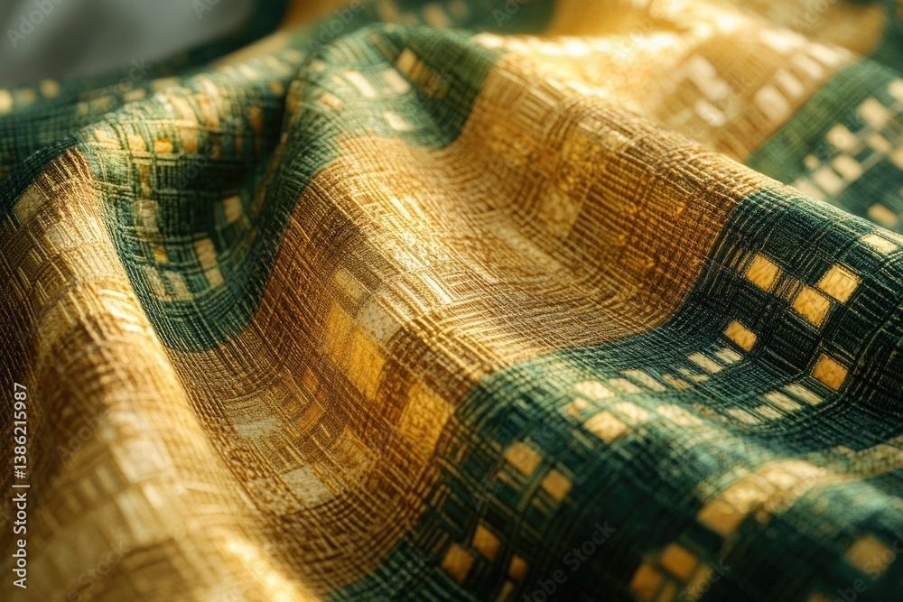 Aufkleber close-up of a draped fabric with an abstract, geometric pattern in hues of gold and green.