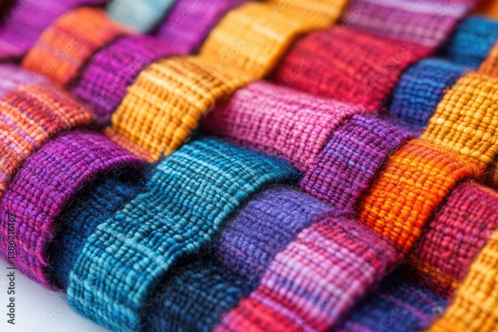 Poster A vibrant and colorful textile weaving featuring a basket-weave pattern with threads in blue, purple, orange, and red, creating a textured effect.