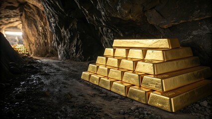 A pyramid of gold bars in a dark cave with a light shining in the distance on more gold bars