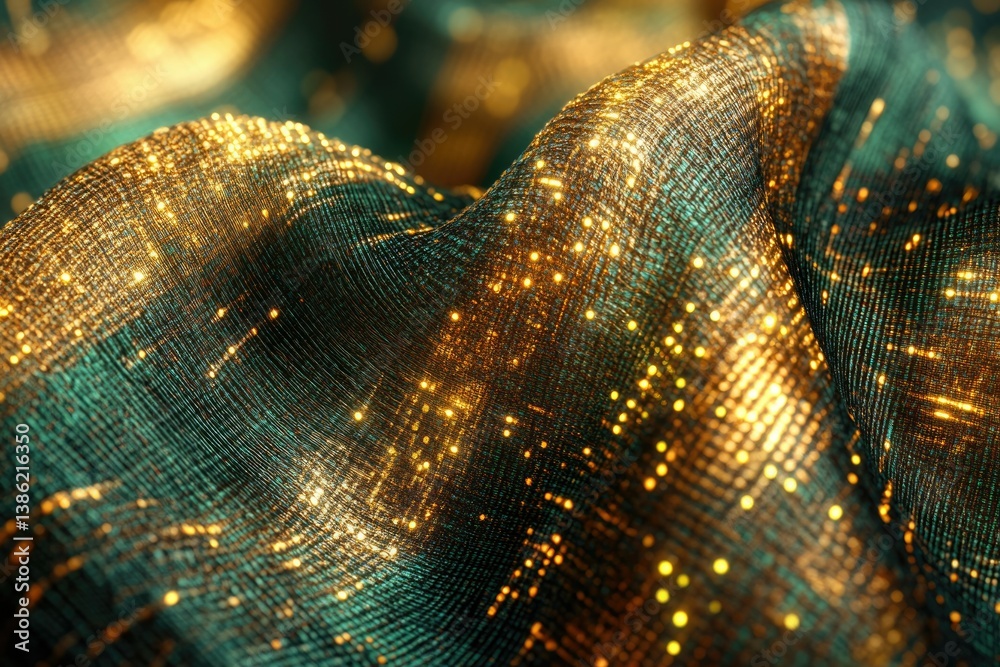 Leinwandbilder A close-up of shimmering emerald and gold fabric, adorned with sparkling lights and intricate patterns.