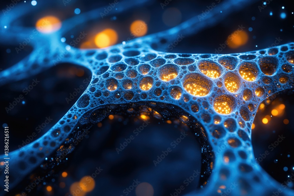 Poster Abstract macro image of blue cellular structure with luminous orange interior, resembling neural networks or biological cells.