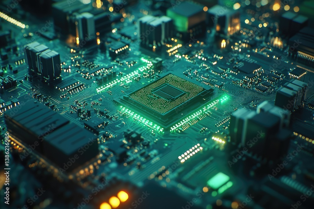 Aufkleber Detailed view of a glowing, intricate computer motherboard with chips, components, and circuits showcasing advanced technology and futuristic design.