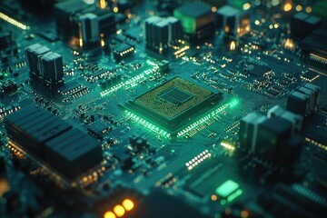 Fototapeta premium Detailed view of a glowing, intricate computer motherboard with chips, components, and circuits showcasing advanced technology and futuristic design.