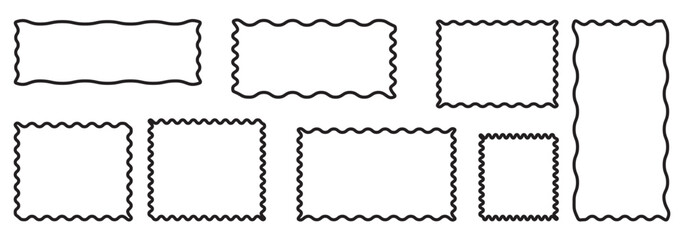 Zig zag Wavy Edge Rectangle, Vector Jagged Geometric Shapes. Oval, Circle Stickers Set. Abstract Elements for Frame, Stamp, Template, Promo Design, Web Design and Social