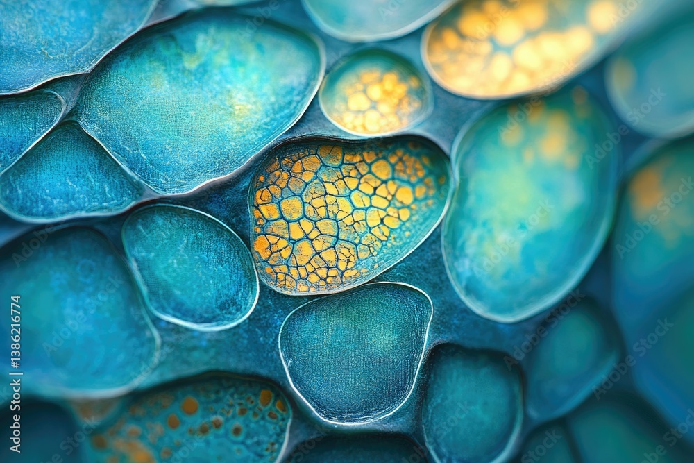 Poster abstract image featuring turquoise and gold rounded shapes resembling reptile scales, with a crackle