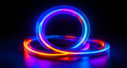 Illuminated semicircular rings glow with vibrant blue, purple, and orange on a dark background. Neon light reflects, creating a modern abstract design.