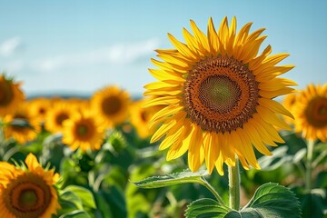 Vibrant Sunflower Blooming Against Clear Blue Sky: A Summer Delight.