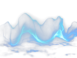 An abstract image of a digital wave form on a dark background, symbolizing voice recognition or sound technology. The wave should be in glowing neon blue, giving the image an ethereal quality.