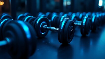 Fototapeta premium A close up view of a row of dumbbells with blue lighting in a gym setting for fitness and strength training