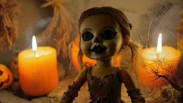 Creepy doll in dusty abandoned house surrounded by cobwebs for spooky halloween atmosphere. concept of horror, eerie abandonment, dark mood, haunted aesthetics, scary toy, Possessed doll