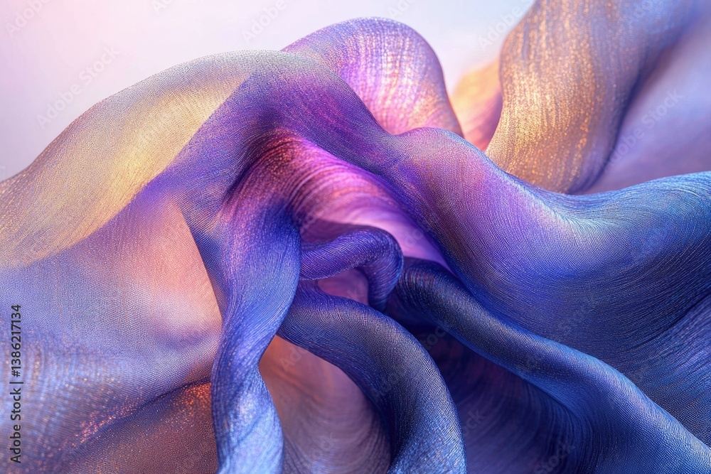 Poster Abstract silky fabric flowing in waves, with colors transitioning from gold to purple and blue in a soft, ethereal light.