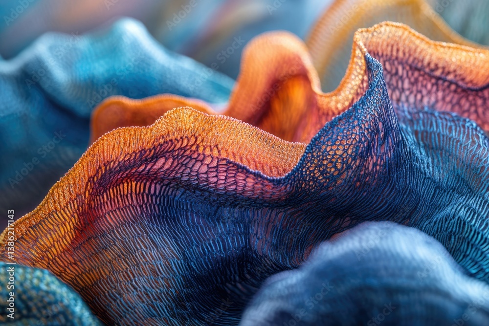 Aufkleber Abstract close-up of a textured, flowing surface with gradients of blue, orange, and pink hues creating a wave-like pattern.