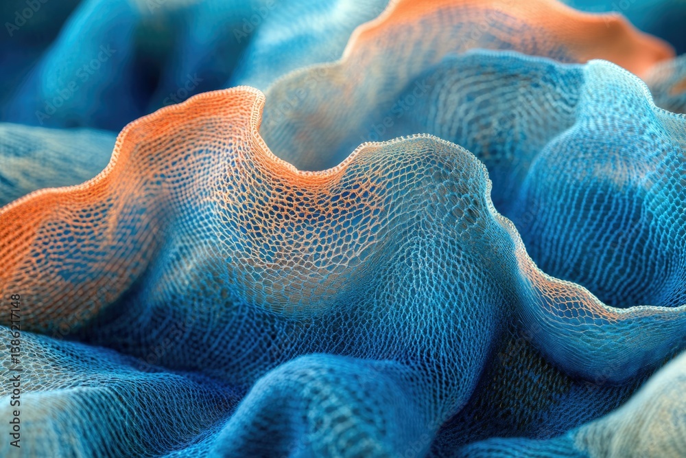 Leinwandbilder Abstract close-up of draped, textured fabric with orange and blue color gradients and intricate patterns.