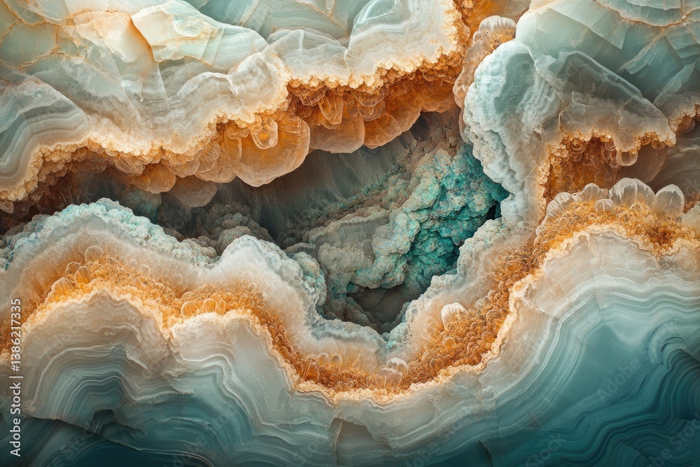 Poster a mesmerizing abstract image of teal and gold onyx agate geode featuring intricate layers and organi
