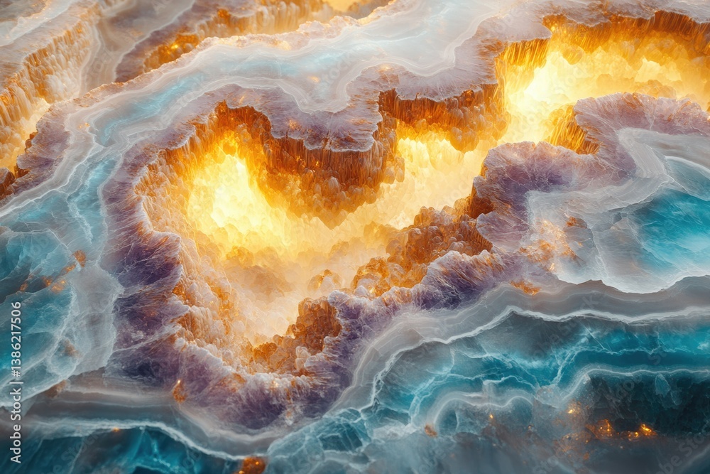 Leinwandbilder abstract mineral art featuring layers of swirling blues and oranges radiating light and texture in a