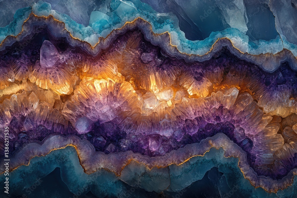 Aufkleber striking geode formation with layers of teal, gold, and purple crystals, creating a visually stunnin