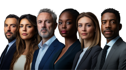 Group photo of a business team, collective photo of a business team, photo of a professional business team, business team made up of people from different cultures, on a transparent backgrounds