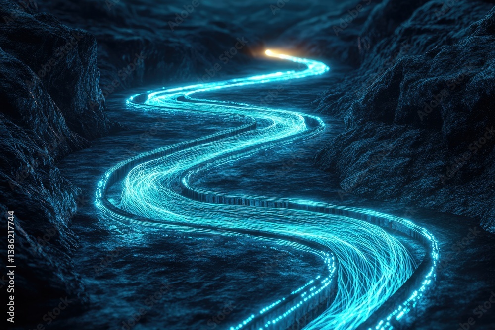 Poster a mesmerizing river of glowing blue light flows through a dark, rocky canyon, illuminated by a dista