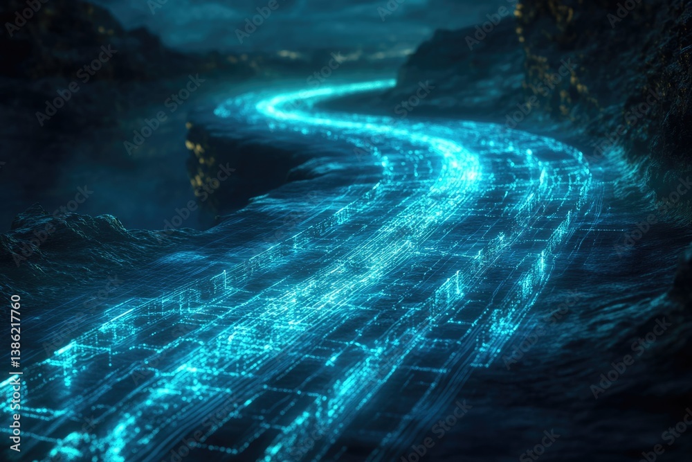 Aufkleber A mesmerizing display of glowing blue data streams forming a futuristic landscape, curving through dark, rocky terrain, suggesting high-tech innovation.