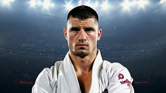 Serious caucasian man karateka in martial arts uniform standing confidently under stadium lights. concept of discipline, karate tradition, strength, focus, sportsman, sports
