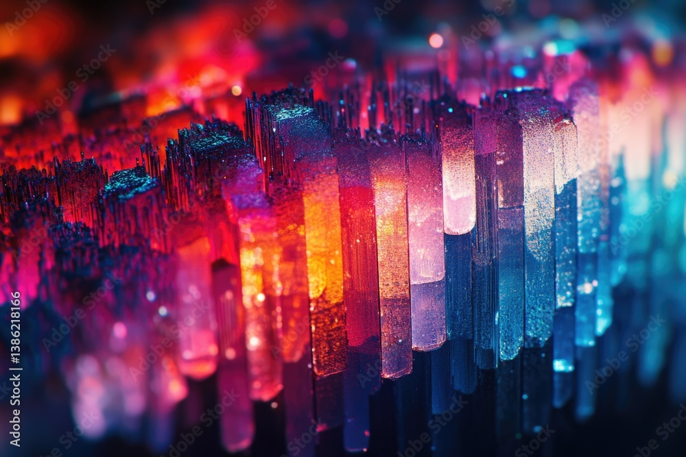 Aufkleber Abstract landscape of vertical colorful bars with bright lights and a bokeh effect, a vibrant and artistic composition.