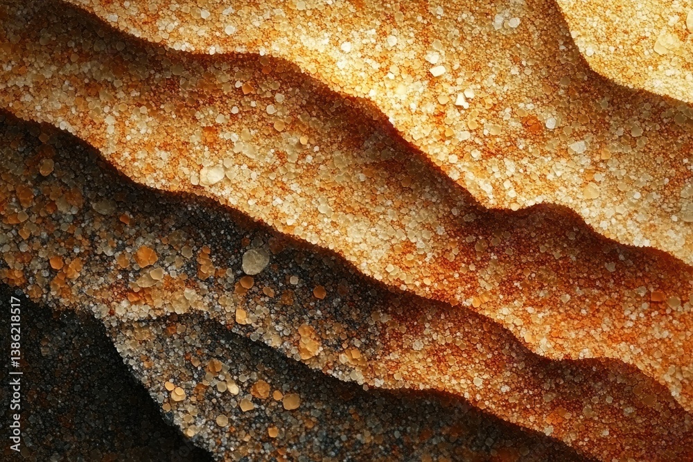 Poster close-up of layered rock formations with varying shades of orange and brown, textured with small, li