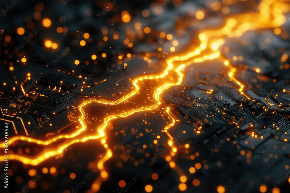 Poster A dark motherboard illuminated with golden electric arcs, surrounded by bokeh lights, creating a futuristic technology concept in a macro shot.