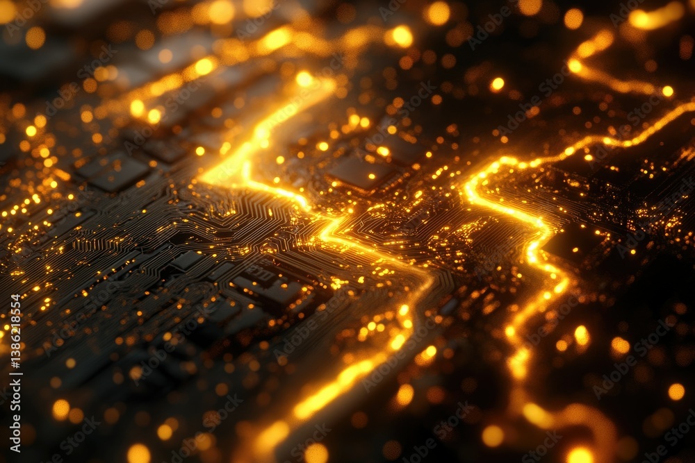 Aufkleber Abstract tech background showcasing a motherboard circuit with flowing golden light, representing interconnected networks and futuristic technology.