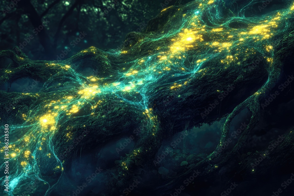 Poster Magical forest floor illuminated by bioluminescent fungi and glowing moss, creating an ethereal and mystical atmosphere in the darkness of the woods.