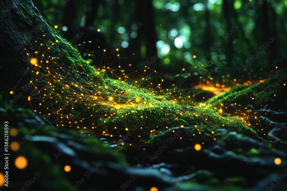 Poster magical mossy forest floor illuminated by ethereal glowing networks, connecting the natural world in