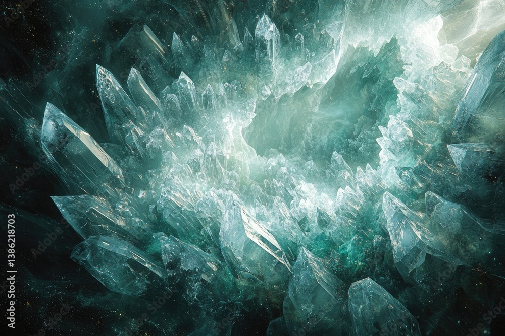 Poster a dazzling display of teal crystals cluster together, radiating an ethereal glow from the center of 