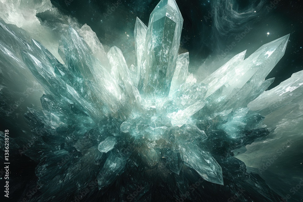 Aufkleber a dazzling cluster of sharp, translucent crystals emerging from a cosmic, stardust-filled abyss, glo