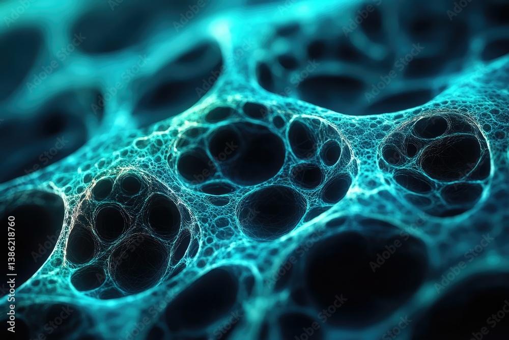 Poster Abstract depiction of interconnected blue glowing network with organic, cell-like structures and dark cavities within a complex system.