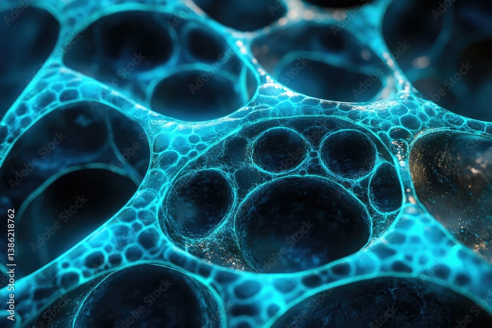 Poster A glowing blue cellular structure with interconnected voids, resembling microscopic or abstract organic patterns.