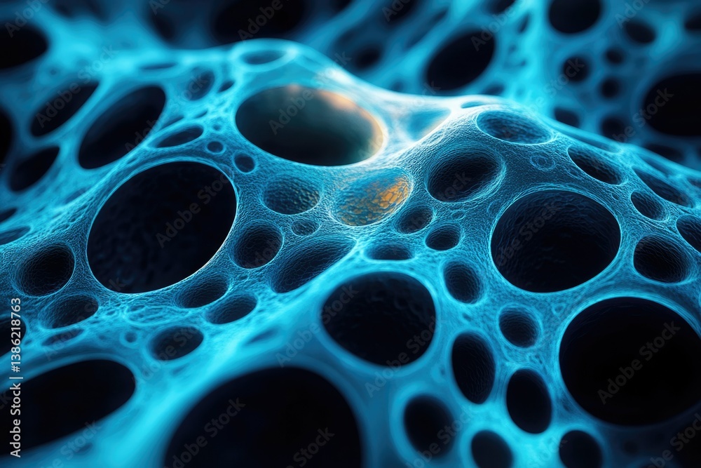 Poster a mesmerizing close-up of a blue, porous structure with a network of interconnected holes, resemblin