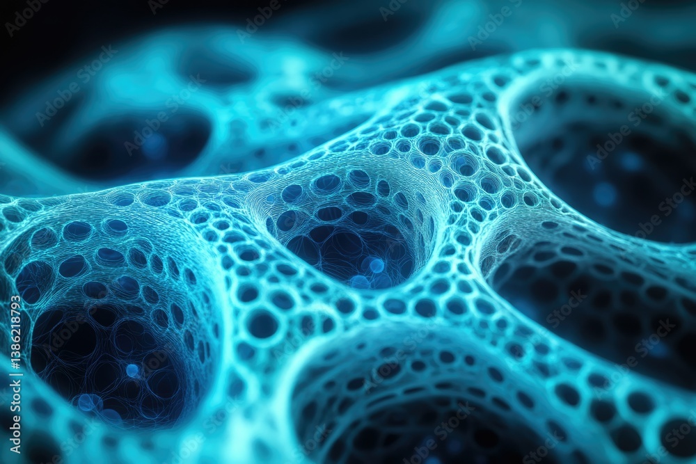 Poster Close-up view of interconnected cellular structure, resembling tissue or a sponge-like material, illuminated in vibrant blue hues.