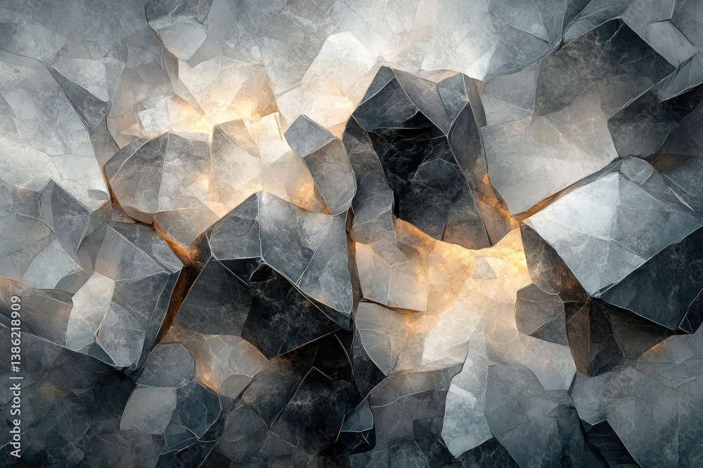 Poster abstract depiction of interlocking geometric rock formations, featuring contrasting textures and glo