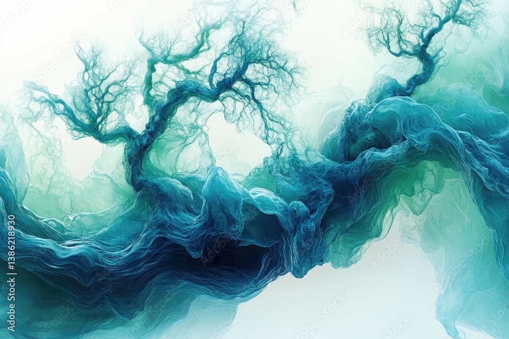 Poster Surreal abstract image featuring blue and green smoky forms resembling trees and flowing water in a dreamlike setting.