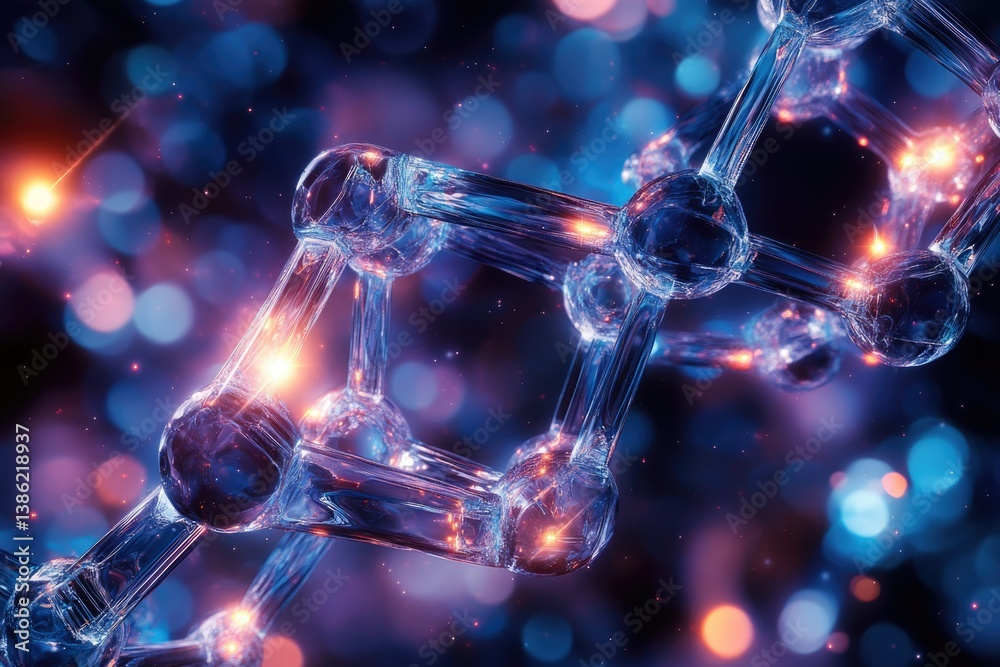 Poster A close-up of a transparent molecular structure against a bokeh background with vibrant blue, purple, and orange hues, highlighting scientific visualization.