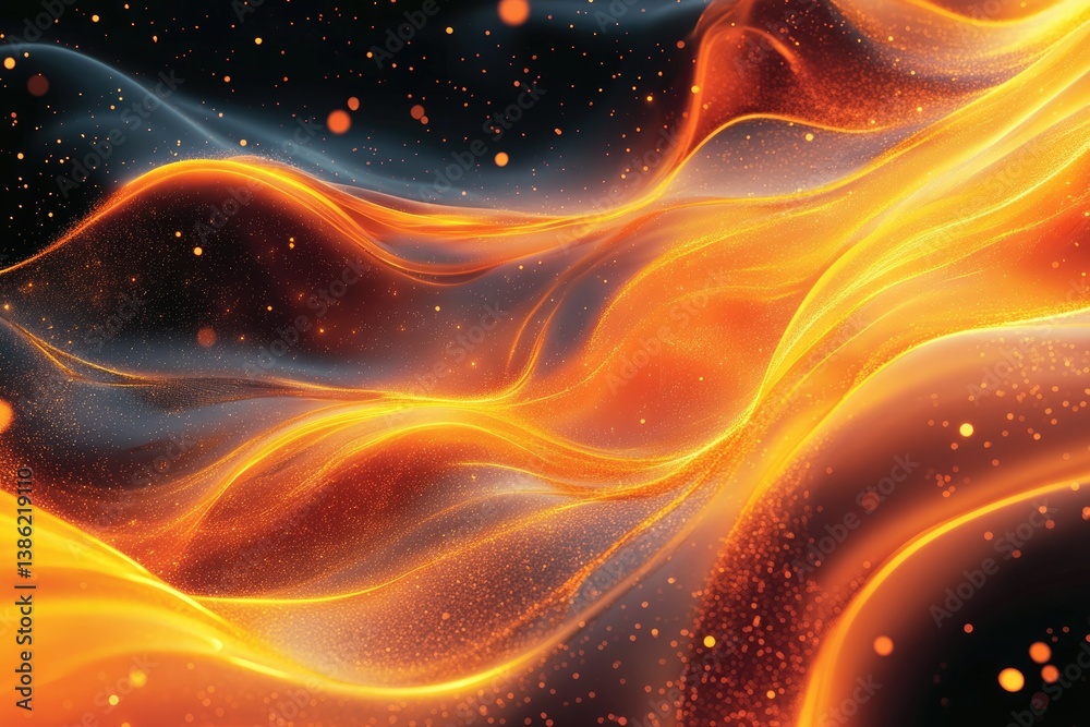 Poster Abstract waves of fiery orange and golden light with subtle smokey textures and sparkling particles create a dynamic composition.