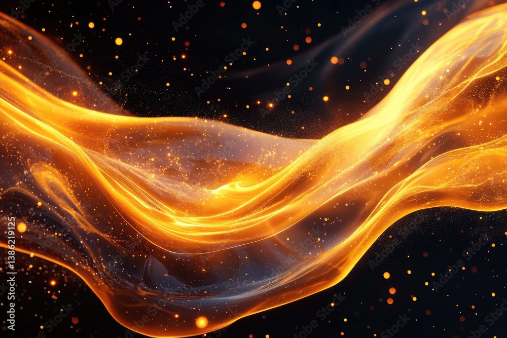 Poster golden, flowing energy ribbon dances across a dark backdrop, adorned with sparkling dots, evoking a 