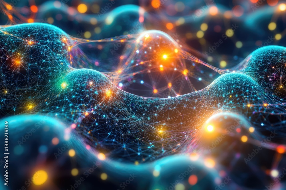 Poster Abstract neural network visualization with glowing nodes and connecting lines, representing data connection and digital transformation.