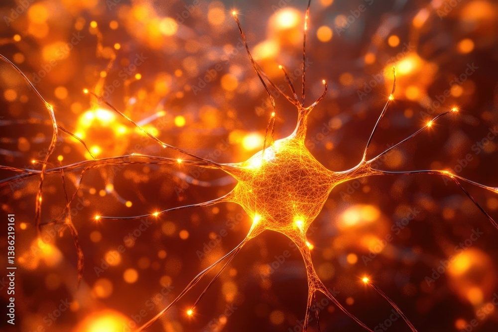 Poster golden neuron cell, highlighted, in a bright orange background with blurred bokeh, signifying networ