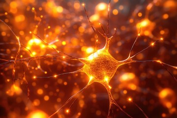 Golden neuron cell, highlighted, in a bright orange background with blurred bokeh, signifying networks, neural activity, science and technology.