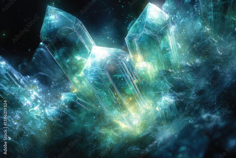 Aufkleber glowing crystals emerge from the dark, their facets reflecting an ethereal light in an underwater or