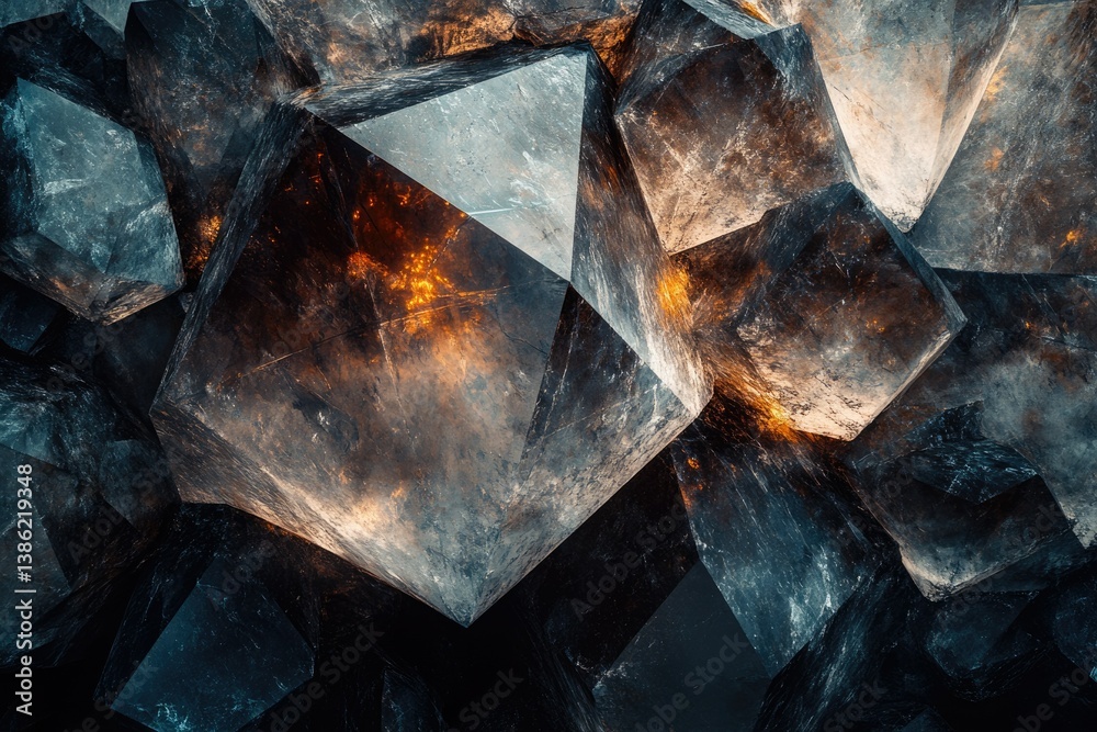 Poster A cluster of large, dark crystals with internal light reflecting on the shiny surface. The image is close-up and dramatic.